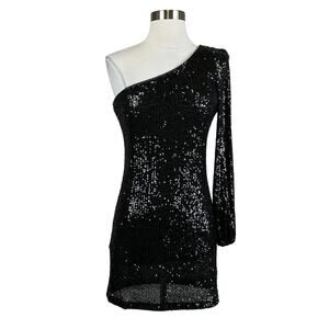 Betsey Johnson Women's Cocktail Dress Size 4 Black Sequined One Shoulder Mini